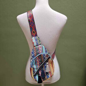 Small Boho Sling Bag Crossbody Tribal Bohemian Tassels Embroidered